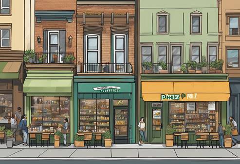 An illustration of a street scene with a bakery and a coffee shop.