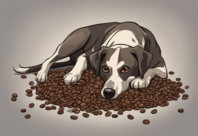A dog laying on a pile of coffee beans.