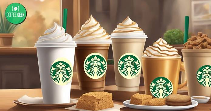 Five starbucks drinks are sitting on a table.