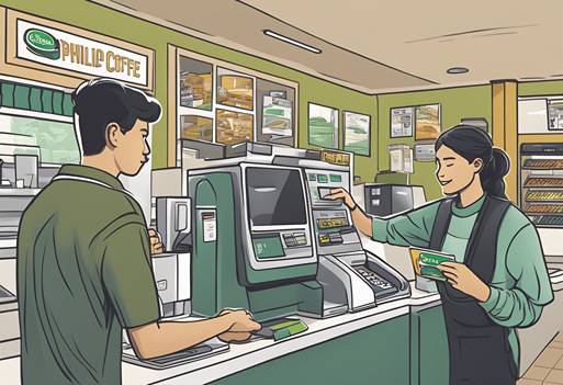 An illustration of a man and woman at a cash register.