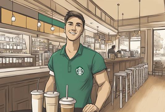 An illustration of a starbucks employee standing at the counter.