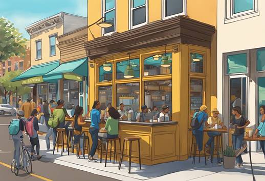 An artist's rendering of a street scene with people sitting outside a cafe.