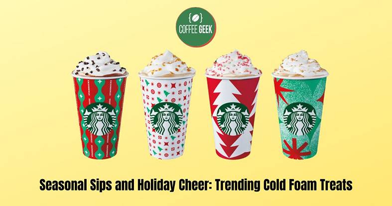 A starbucks ad with the words seasonal sip and holiday trading gold foam treats.