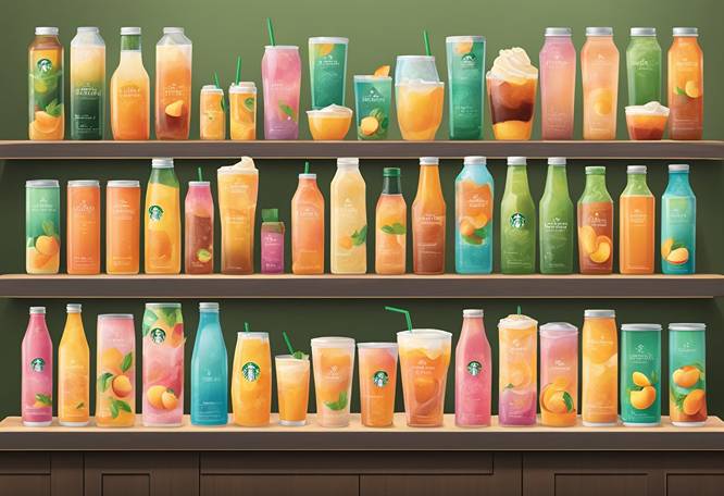 A shelf full of starbucks drinks on a shelf.