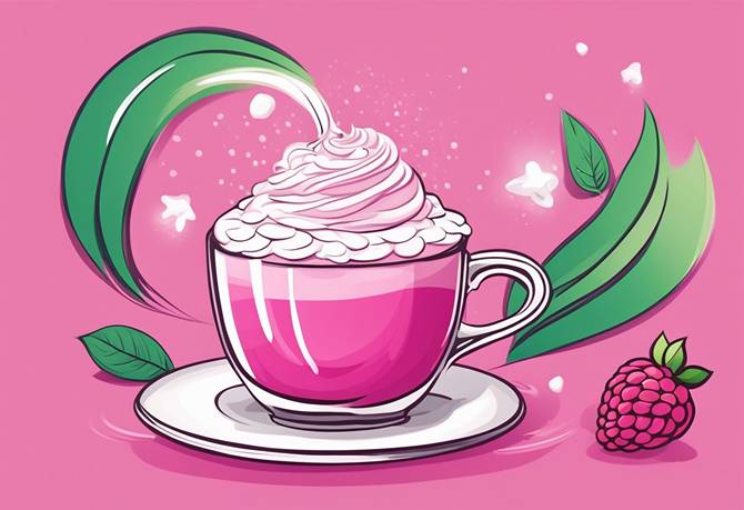 A pink latte with whipped cream and raspberries.