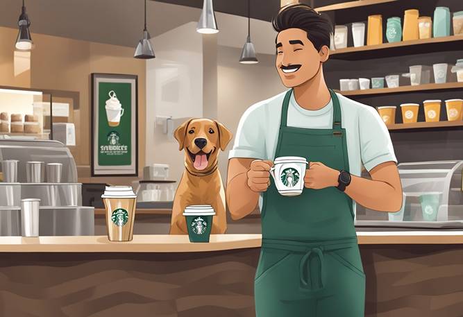 A man in a green apron holding a cup of coffee and a dog.