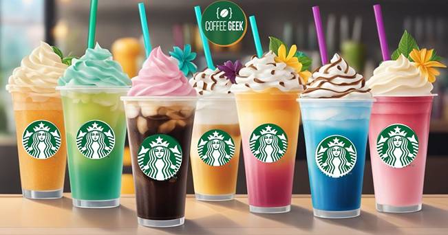 Five starbucks drinks are shown on a table.