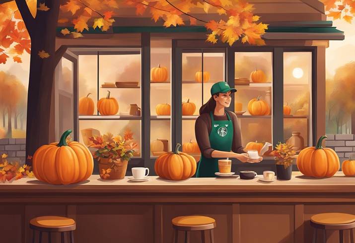 An illustration of a woman at a coffee shop with pumpkins.