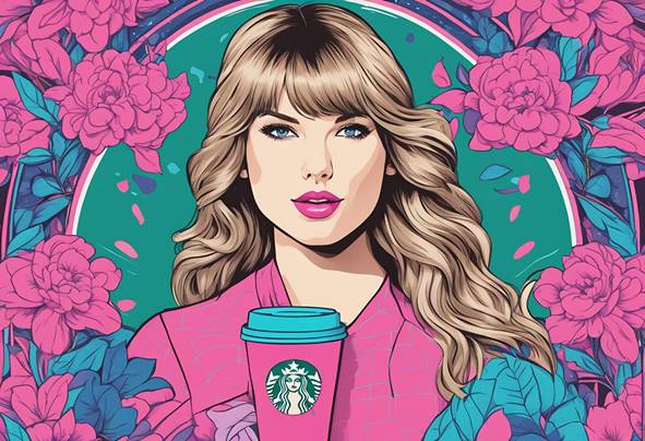 Taylor swift is holding a cup of coffee.
