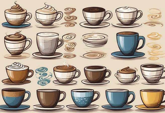 Various coffee cups and saucers on a beige background.