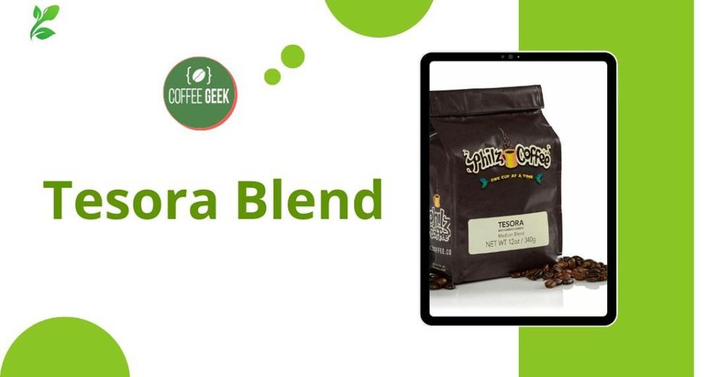 Tesora blend coffee on a green background.