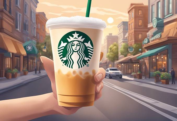 A hand holding a starbucks drink on a city street.