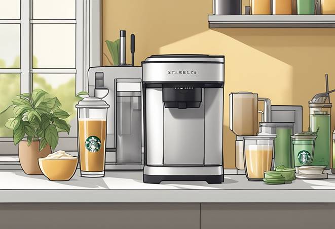 A starbucks coffee maker sits on a kitchen counter.