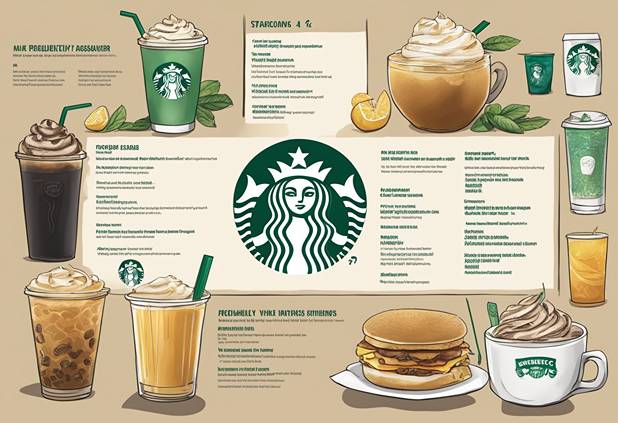 A starbucks menu with various drinks and drinks.