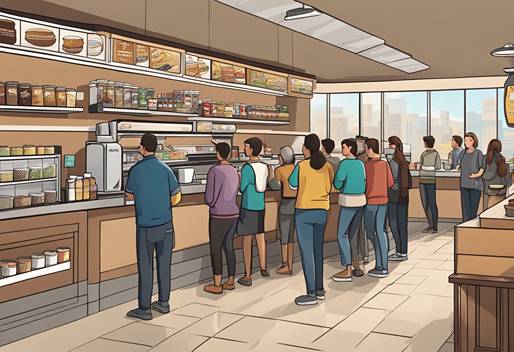 An artist's rendering of a coffee shop with people standing in line.