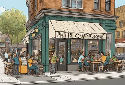 An illustration of people sitting outside a coffee shop.