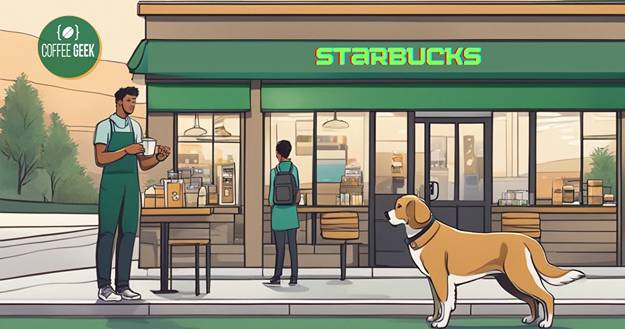 A man and a dog standing outside of a starbucks.
