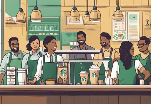 A group of people standing at the counter of a starbucks.