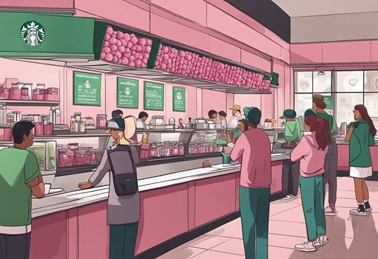An illustration of a starbucks store with people standing at the counter.