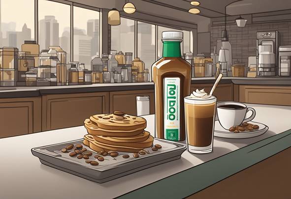 A cartoon illustration of a coffee shop with pancakes and coffee.