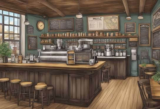 An illustration of a coffee shop with stools and tables.