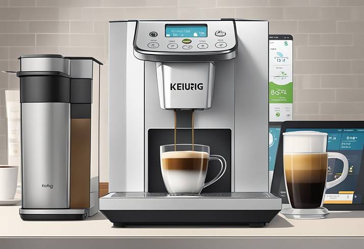 A keurig coffee maker with a cup of coffee next to it.