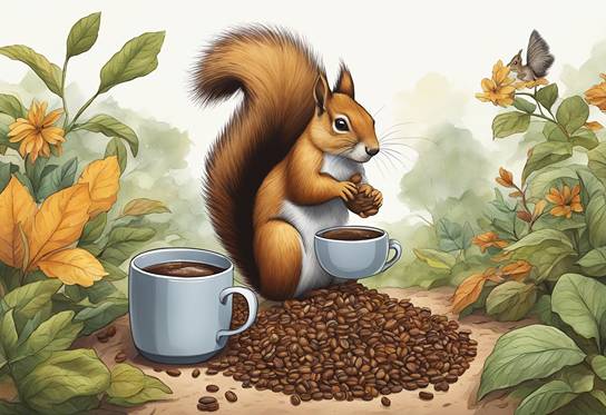 A squirrel holding coffee cups and a pile of coffee beans.