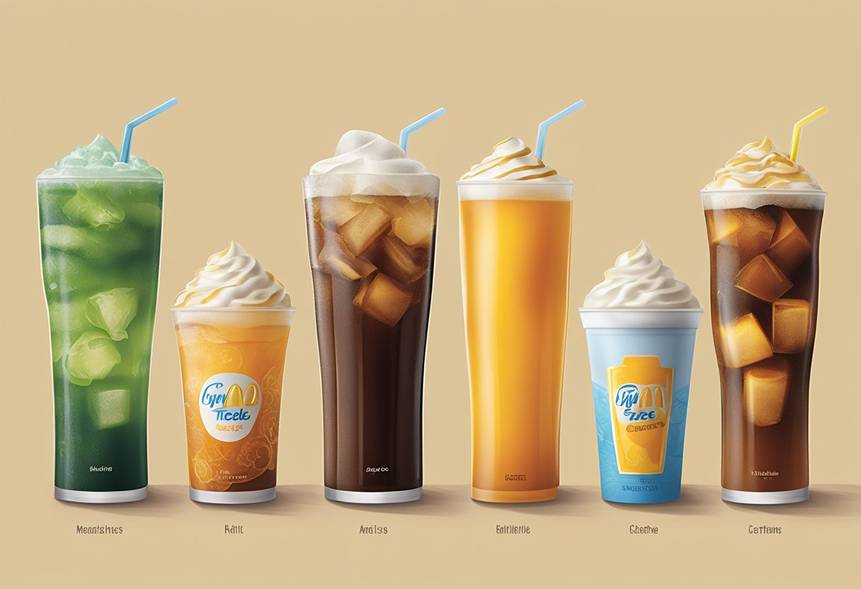 A series of iced drinks are shown on a beige background.
