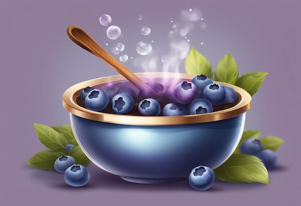 Blueberries in a bowl with a spoon.