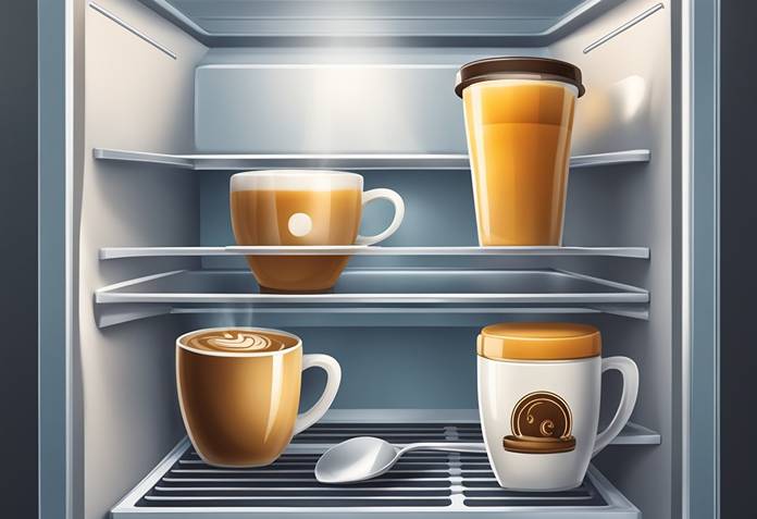 A refrigerator with coffee mugs and spoons inside.