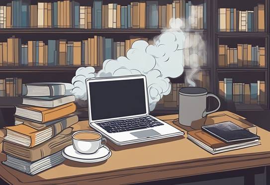 A desk with a laptop, coffee and books.
