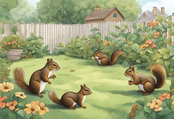 A painting of squirrels in a garden.