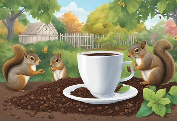 A cup of coffee with squirrels in the garden.