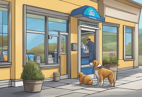 A cartoon illustration of two dogs standing outside of a store.