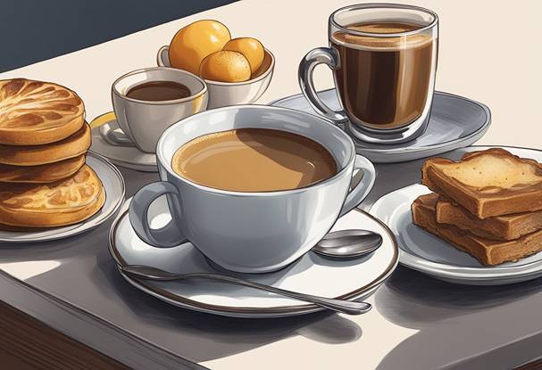 A painting of a coffee table with a cup of coffee and a slice of bread.