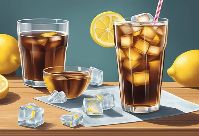 A glass of cola with lemons and ice cubes.
