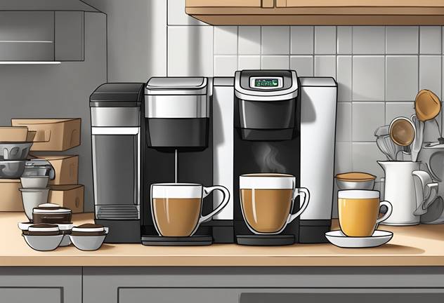 Illustration of a keurig coffee maker on a kitchen counter.