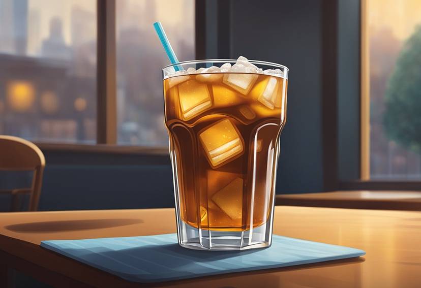 A glass of iced tea sitting on a table.