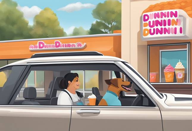 Dunkin donuts - a cartoon illustration of a woman driving a car with a dog in the back seat.