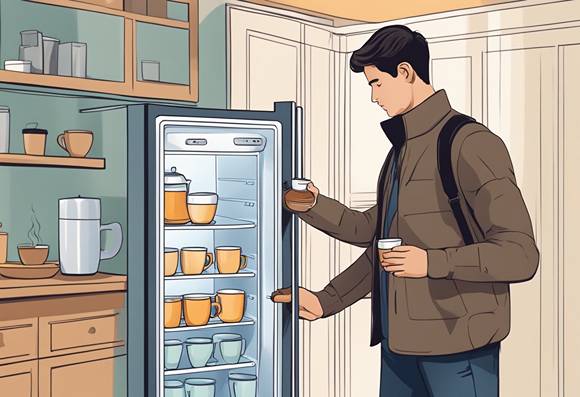 A man standing in front of a refrigerator with a cup of coffee.