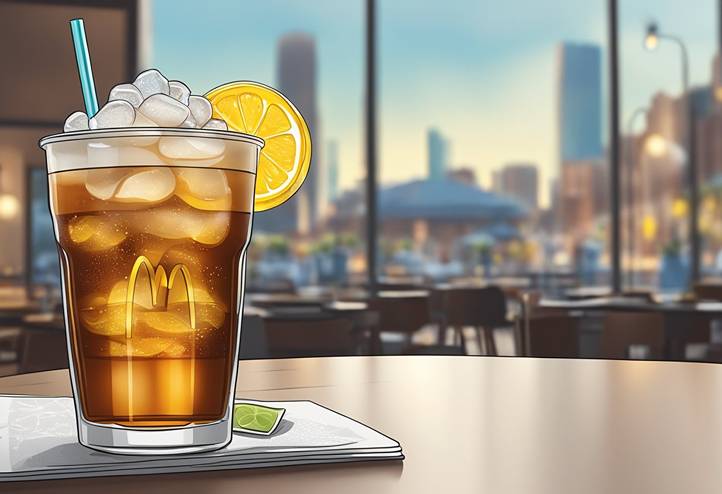 A mcdonald's iced tea sitting on a table in front of a city.