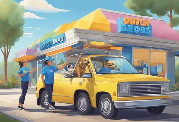 A cartoon illustration of a yellow truck with people and dogs in it.