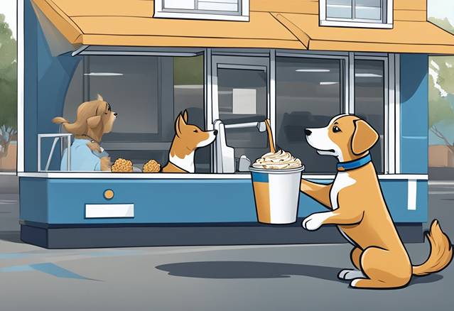 A cartoon of a dog standing in front of a coffee shop.