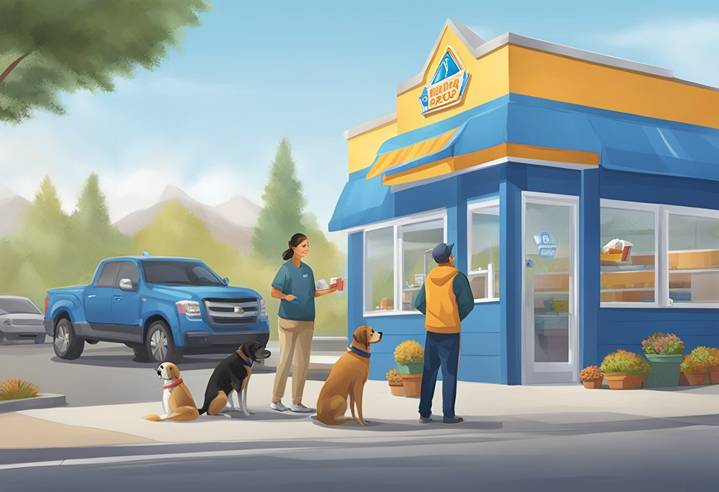 A group of people standing in front of a dog food store.