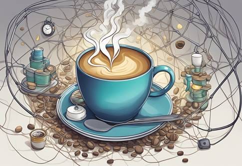 A blue cup of coffee with a spoon and a saucer surrounded by coffee beans.
