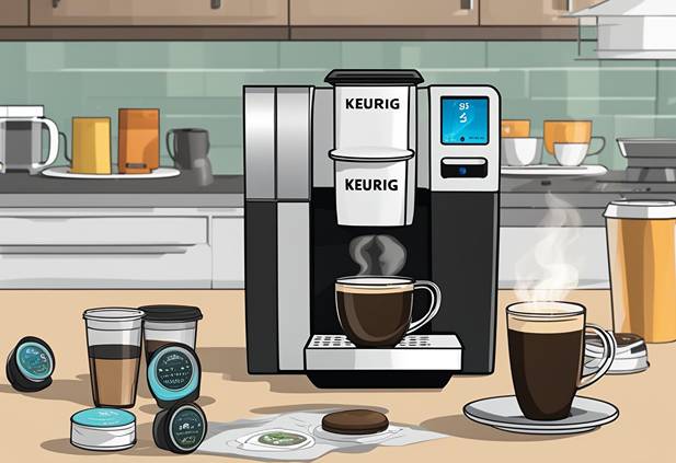A keurig coffee maker with a cup of coffee next to it.