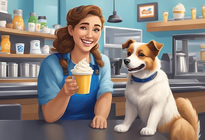 A woman in a blue apron is holding a cup of coffee and a dog.