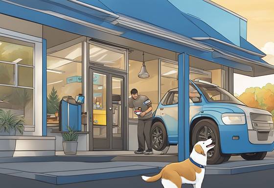 A cartoon of a man and a dog standing outside of a gas station.