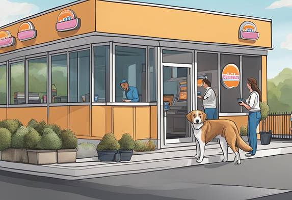 A dog standing outside a donut shop.