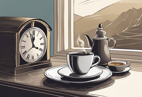 A cup of coffee and a clock on a window sill.